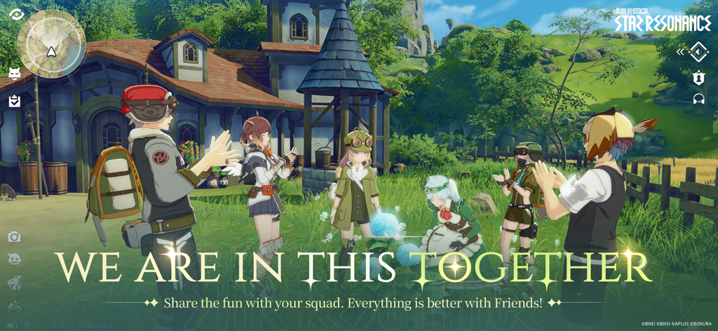 Blue Protocol: Star Resonance - アニメスタイルのキャラクターグループが、テキスト「We Are In This Together」と共に、幻想的な村の景色の中で交流しています。