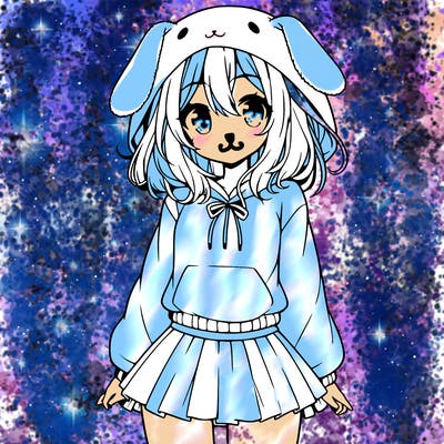 pretty anime girl wearing a fluffy hoodie with bunny ears on the hood and a skirt