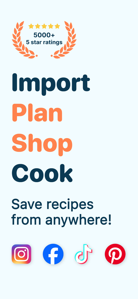 Pantalla de la aplicación CookBook que destaca las funciones para importar, planificar, comprar y cocinar con integración de redes sociales