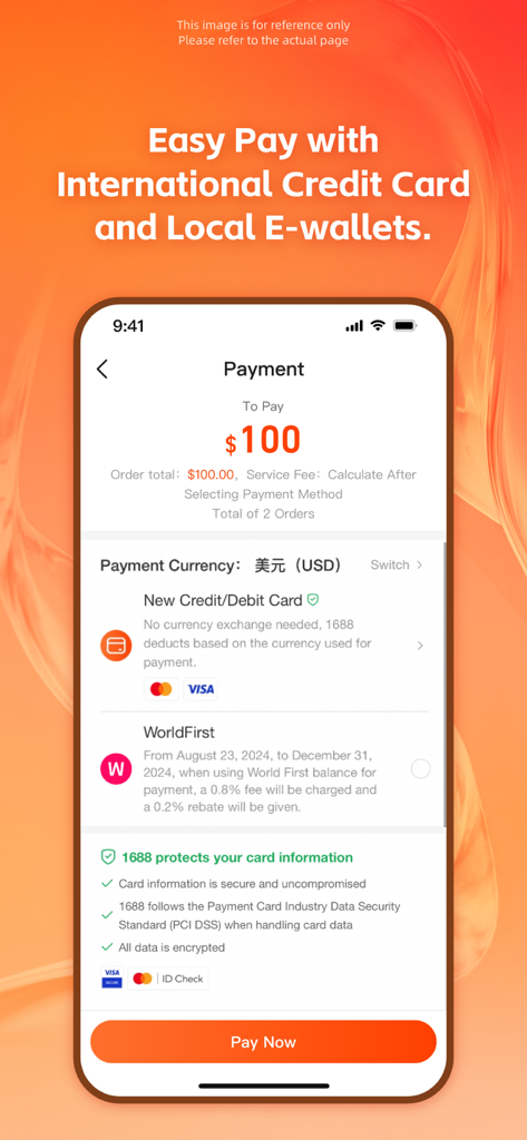 1688 app payment screen displaying international credit card and local e-wallet options in USD