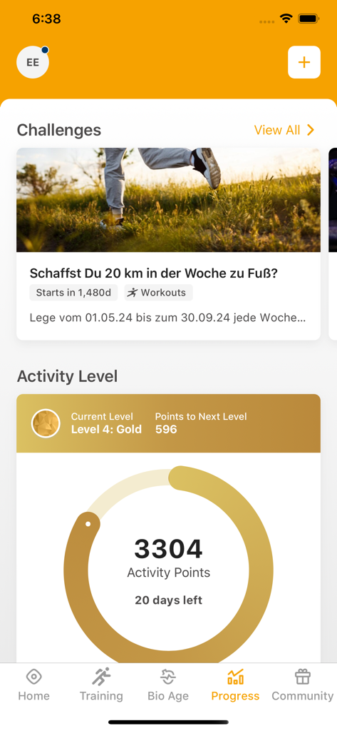 CK Fitness - Mobile App-Bildschirm für CK Fitness, der Trainingsherausforderungen und Fortschrittspunkte auf Aktivitätslevel anzeigt