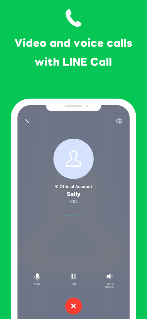 LINE Official Account - Interface of the LINE Official Account app showing an ongoing voice call with a customer named Sally including mute and speaker options.