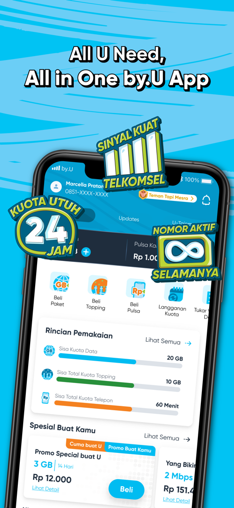 Interfaz del panel de control móvil de la app by.U que muestra el saldo de datos y los paquetes de internet personalizados.