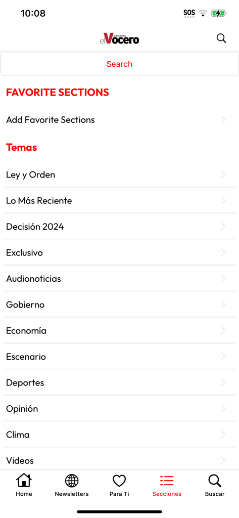 Menú de secciones de la aplicación móvil El Vocero de Puerto Rico que muestra categorías de noticias como Gobierno, Economía y Deportes.
