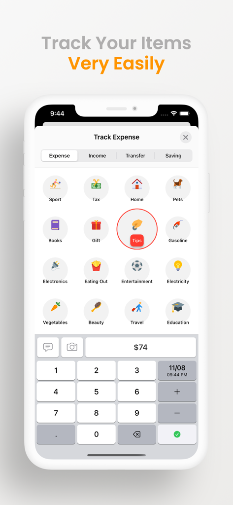 Interface de suivi des dépenses dans l'application SpendNotes montrant des icônes de catégories et un pavé numérique pour la saisie.