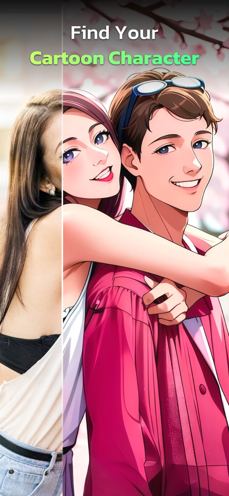 AI Photo Editor - AI Morph - A split screen comparing a real photo of a woman to its transformation into a vibrant anime-style cartoon character.