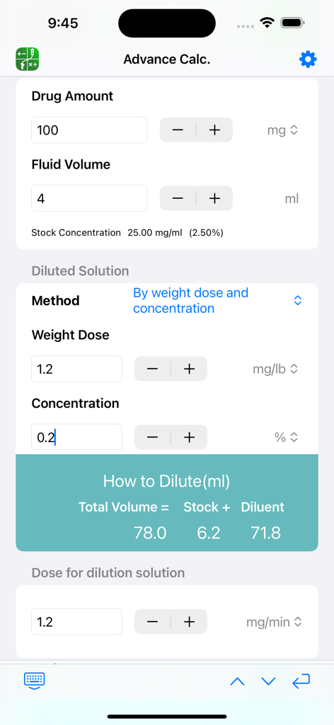 Interfaz avanzada de cálculo de dilución de fármacos en la aplicación Calculadora Súper Infusión