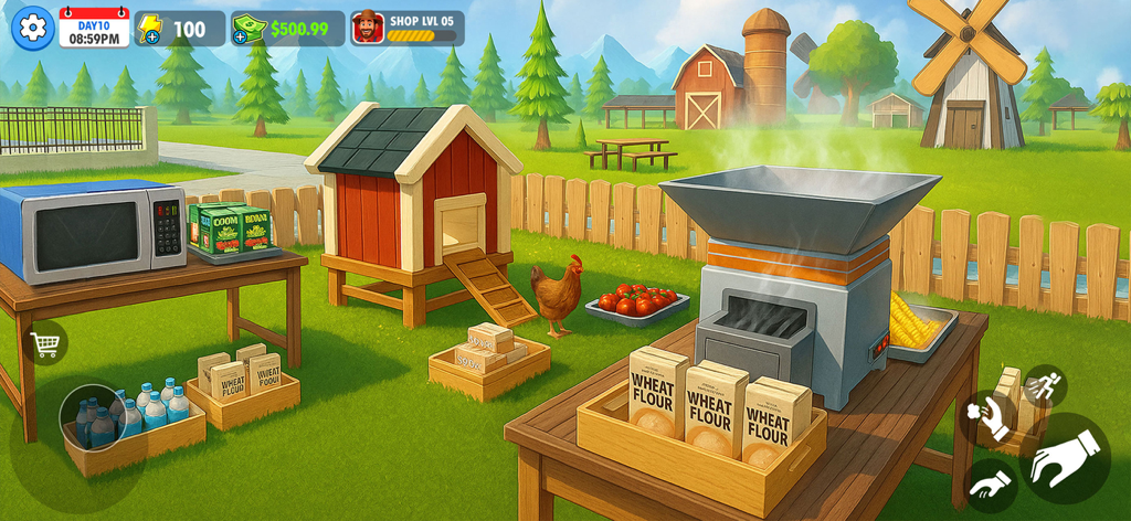 Farm Supermarket Simulator - A chicken coop and wheat flour processing machine in a farm management game