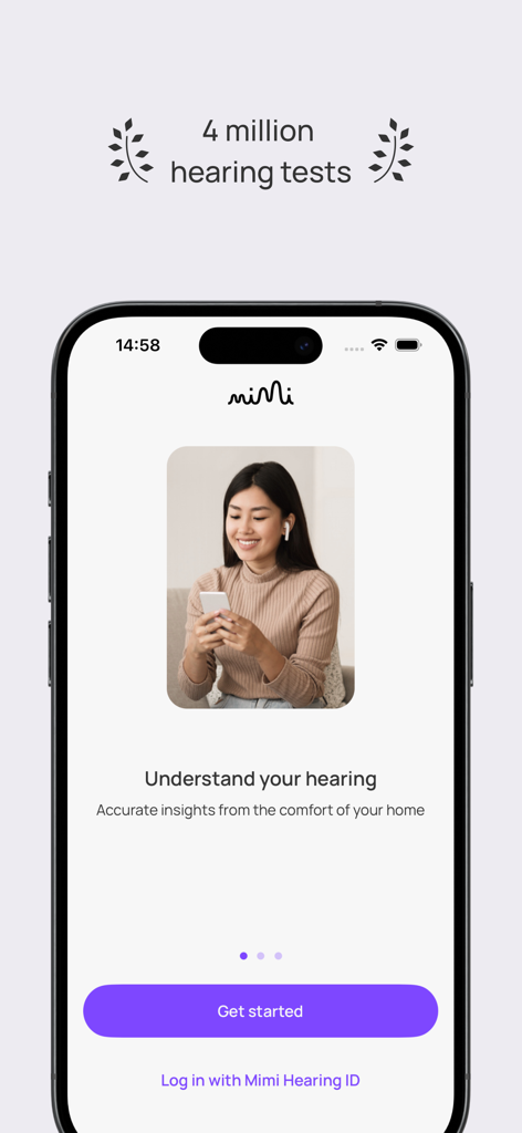Mimi Hearing Test app start screen with a woman using earbuds and a Get Started button.