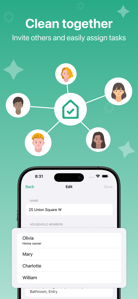 Daily cleaning routines - 共有家事とタスク割り当てのための世帯メンバー管理を示す毎日の掃除ルーチンアプリのインターフェイス