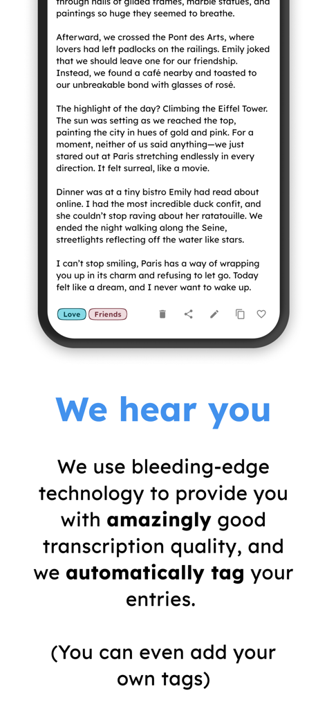 Audio Diary - a simple journal - Screenshot of Audio Diary app showing a long text transcription of a journal entry with automatic tags like Love and Friends