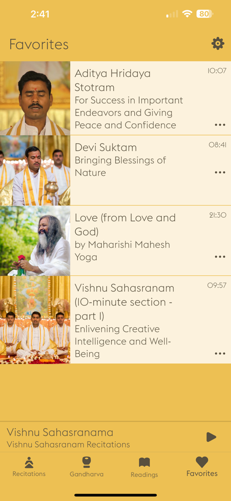 The Favorites screen of the Maharishi Veda app displaying a list of saved Vedic recitations and spiritual readings.