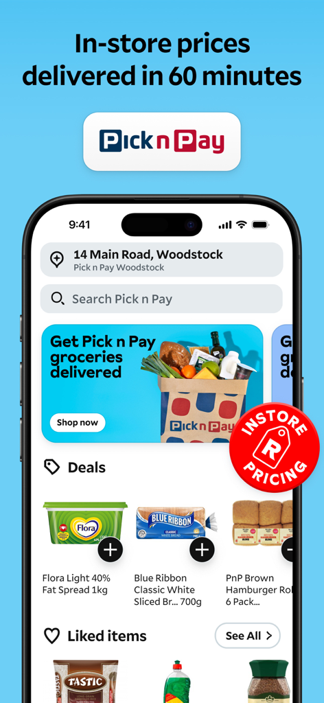 Mr D - Groceries & Takeaway - Mr D app screen showing Pick n Pay grocery delivery interface with in-store prices and product deals