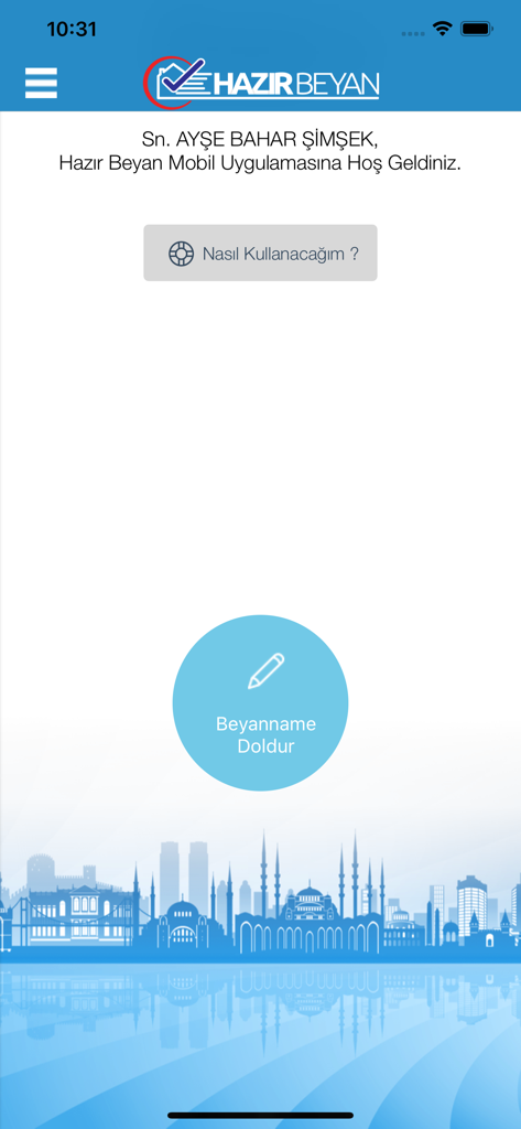 Hazır Beyan - Hazir Beyan app welcome screen with a button to fill out a tax declaration and Istanbul skyline background.