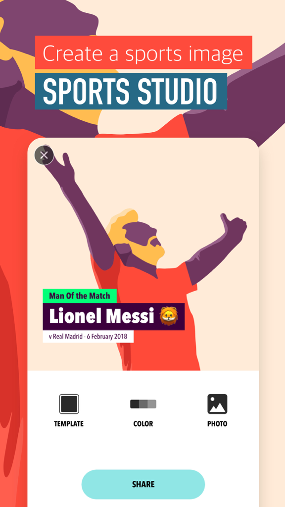 Sports Studio - Interfaz de la aplicación Sports Studio que muestra una plantilla de gráfico de Hombre del Partido para Lionel Messi con opciones de personalización para plantillas, colores y fotos