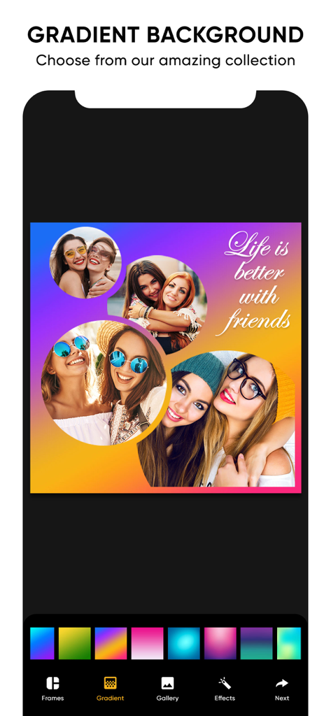 Interface de l'application montrant un collage photo avec un arrière-plan en dégradé éclatant et une citation sur les amis