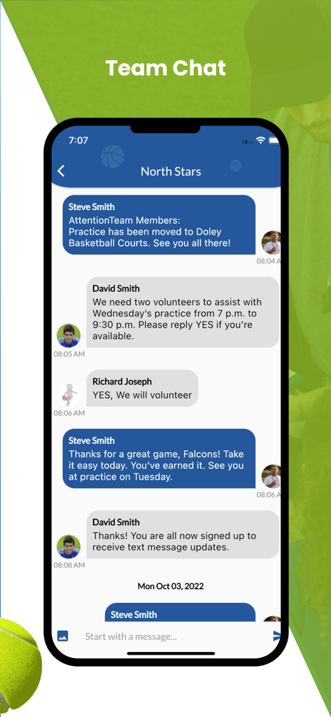 SportsPlus - SportsPlus app interface showing the team chat feature with real-time messages for a sports team
