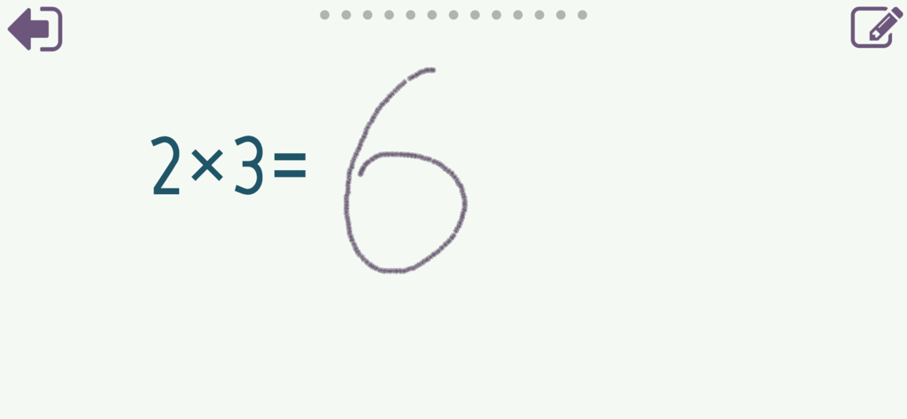 Times Tables 10x10 - Multiplication problem 2 times 3 with handwritten answer 6 in the app interface.