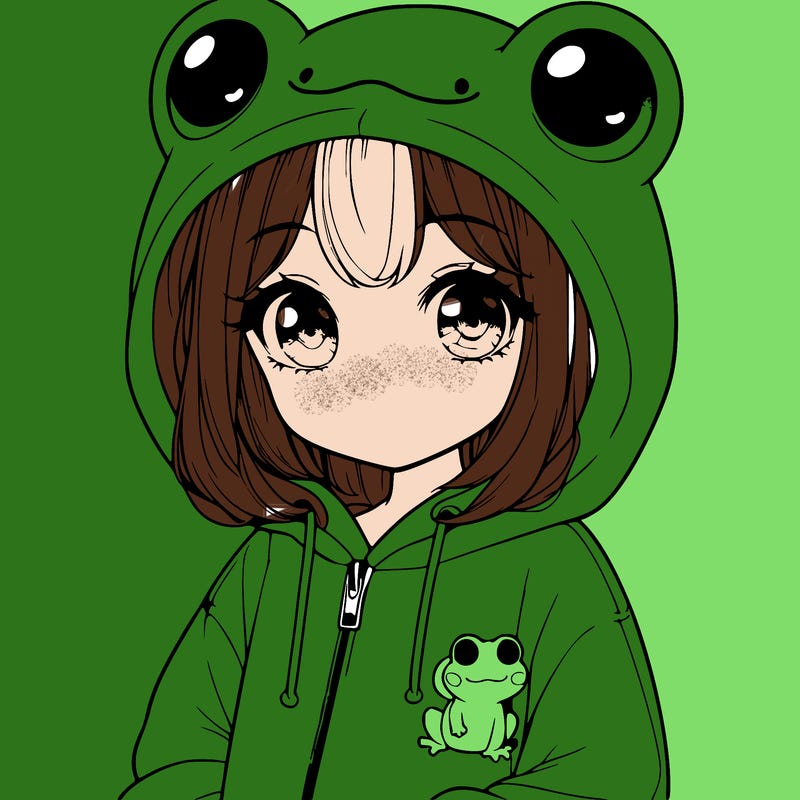 cute realistic girl in a froggy hoodie