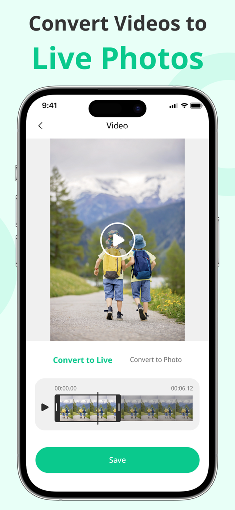 Speed Space: Phone Cleaner - iPhone interface of Speed Space app showing the feature to convert a video of children walking in the mountains into a Live Photo.