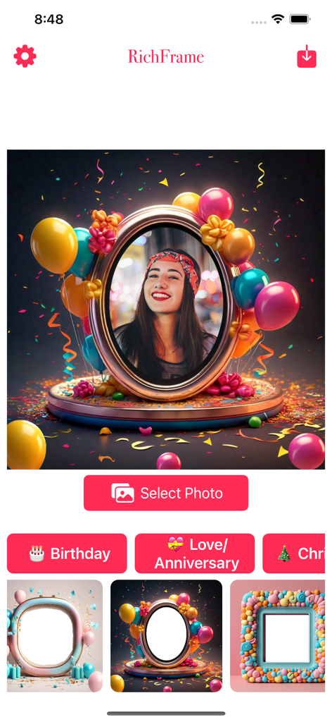 RichFrame Birthday Photo Frame - La interfaz de la aplicación RichFrame mostrando un festivo marco de fotos de cumpleaños con globos y confeti