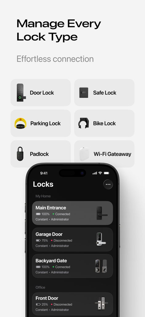 Smart Lock for ttlock - Dashboard showing multiple lock types managed by the TTLock app