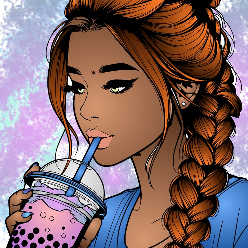 realistic girl drinking boba tea with braided hair