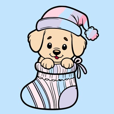 cute puppy wearing santa hat in socking