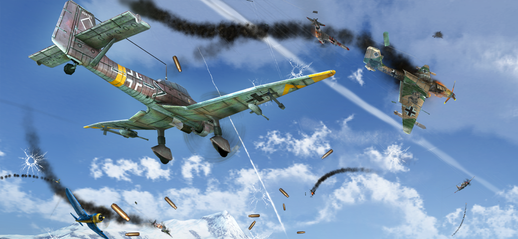 Sky Gamblers: Storm Raiders - Intense WWII aerial dogfight with detailed fighter planes and smoke trails over a snowy mountain landscape