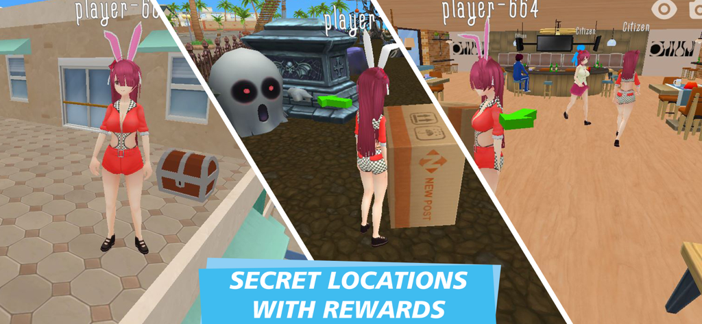 Anime Island Multiplayer: WS - Capturas de pantalla del juego que muestran a un personaje de anime encontrando objetos ocultos y explorando lugares secretos.