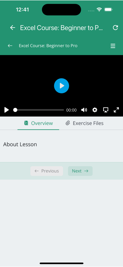 Video lesson player interface in the Excel Course app showing overview and exercise files tabs