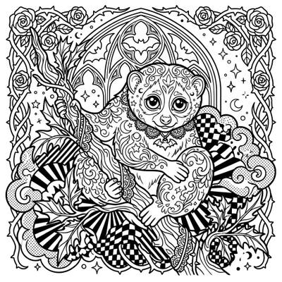 Unleash your creativity with this captivating coloring page featuring a charming loris. This unique design blends the bold aesthetics of Pop Art with the intricate mystery of Gothic elements, promising a truly engaging artistic journey.