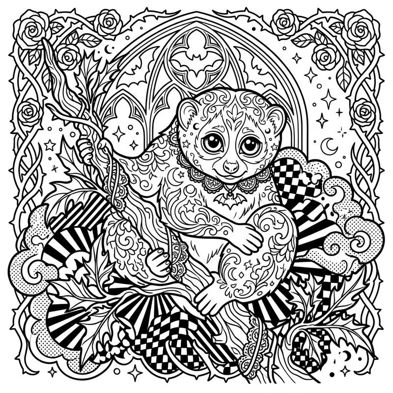 Unleash your creativity with this captivating coloring page featuring a charming loris. This unique design blends the bold aesthetics of Pop Art with the intricate mystery of Gothic elements, promising a truly engaging artistic journey.