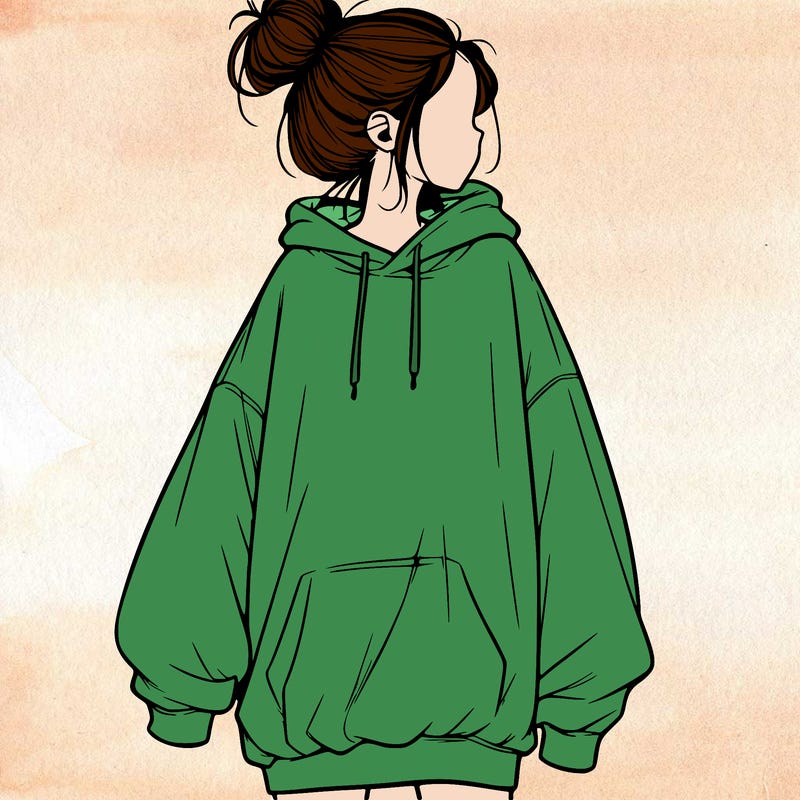 realistic girl with a oversized sweatshirt on and a bun