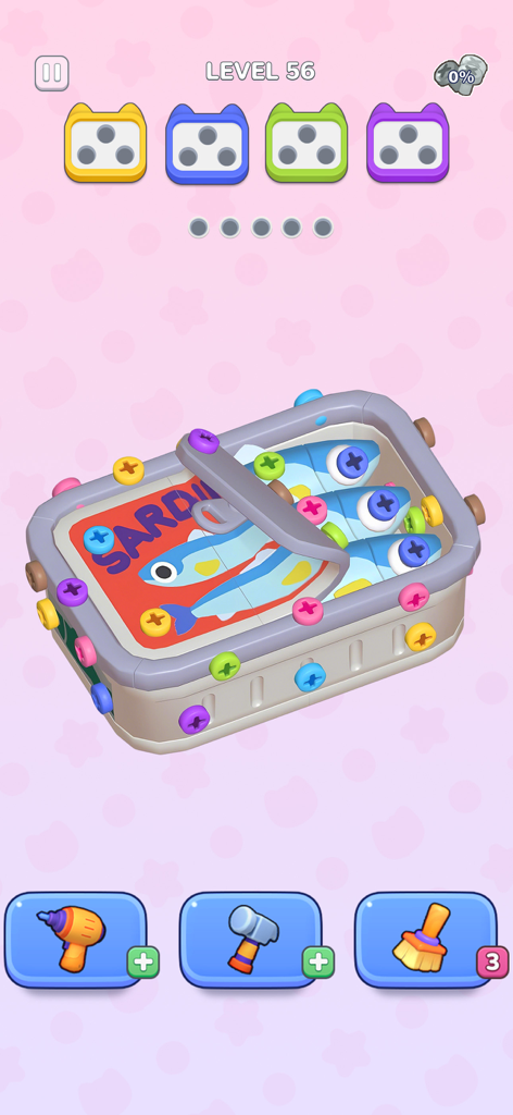 A 3D puzzle game screen showing a sardine can with colorful screws and sorting slots