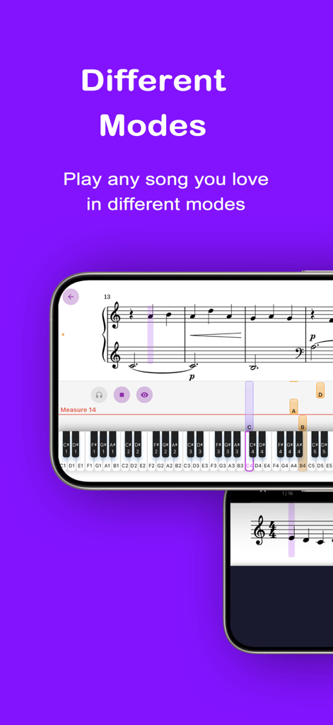 Harmono Piano: Play Any Song - Harmono Piano app interface showing sheet music alongside a digital keyboard with falling notes for different practice modes.