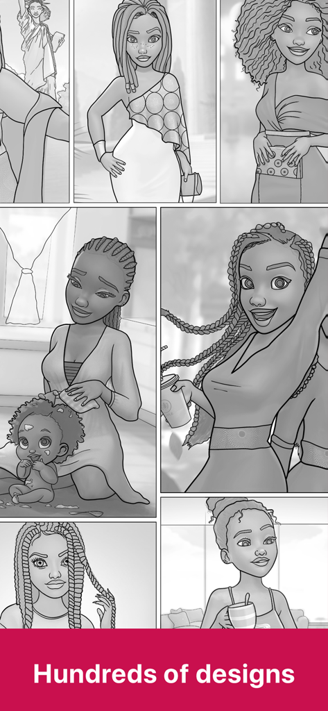 A collage of coloring book templates featuring Black women and children with various hairstyles and lifestyles