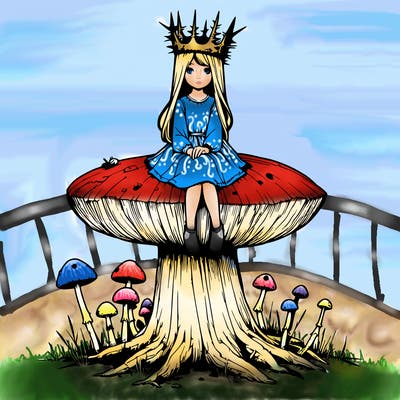 realistic girl sitting on a huge tree stump size toadstool with thorn crown