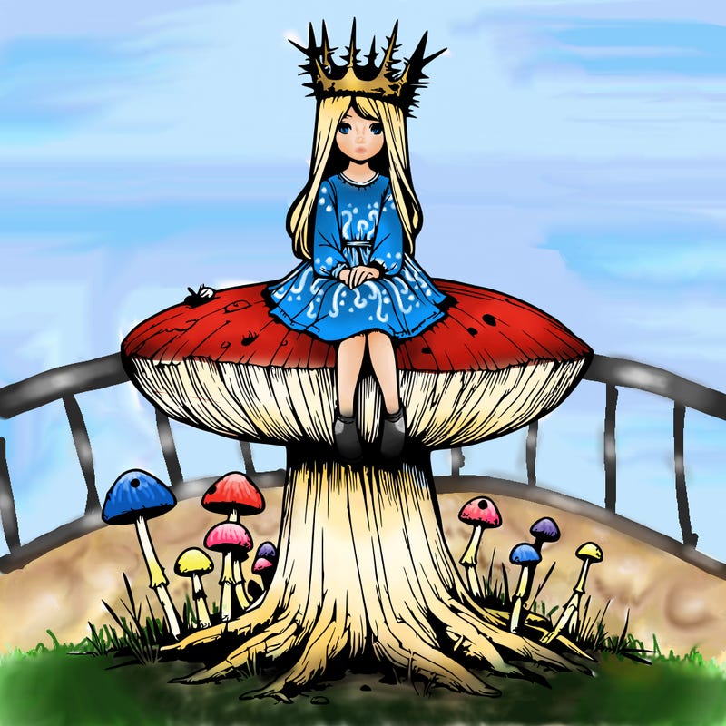 realistic girl sitting on a huge tree stump size toadstool with thorn crown