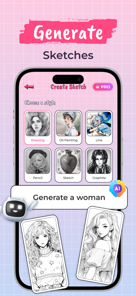 Mobile app interface displaying AI-powered sketch generation with various art style options for drawing and painting.