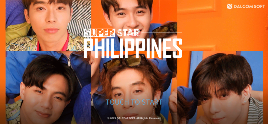 SuperStar PHILIPPINES - Start screen of SuperStar PHILIPPINES rhythm game featuring P-Pop artists and a touch to start prompt