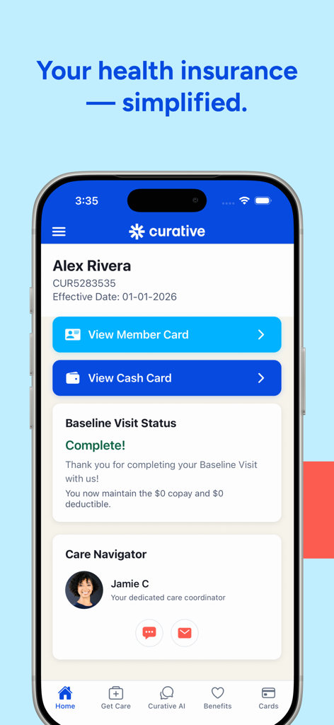 Curative - Panel de la aplicación Curative que muestra tarjetas de identificación digitales de miembros y el estado de visitas básicas
