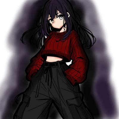 anime teen girl with baggy pants and crop top with sweater