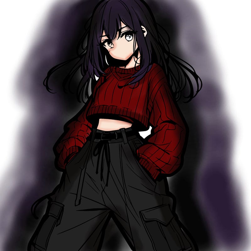 anime teen girl with baggy pants and crop top with sweater