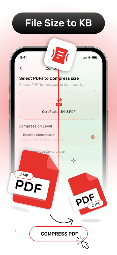 ファイルサイズを縮小するために PDF 圧縮ツールが表示されたモバイルアプリ画面。