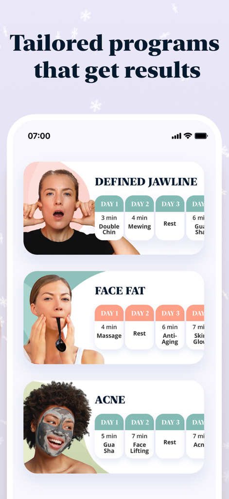 Luvly: Face Yoga Exercises - Captura de tela da interface do aplicativo Luvly mostrando programas diários de yoga facial personalizados para linha do maxilar definida, redução de gordura facial e tratamento de acne.