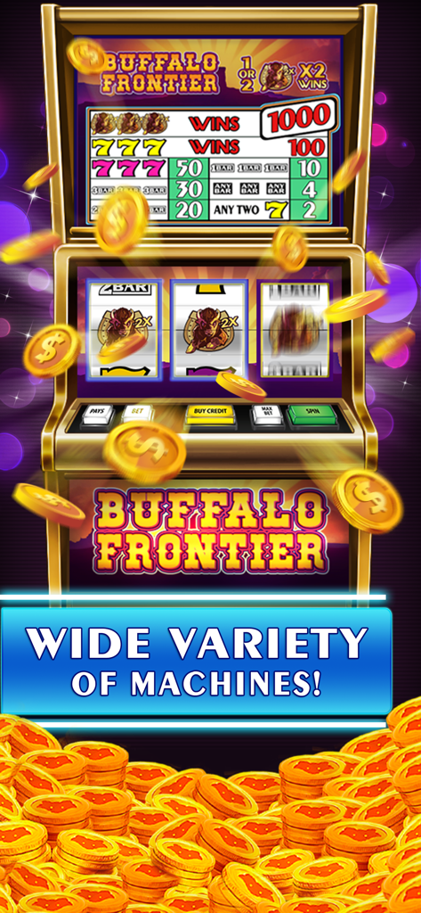 Slots - Classic Vegas - Juego de máquina tragamonedas retro de 3 rodillos con temática de Buffalo Frontier con monedas de oro cayendo