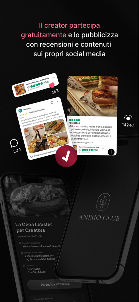 Animo Secret Club - Animo Secret Club app interface showing content creator reviews and social media engagement for brand collaborations