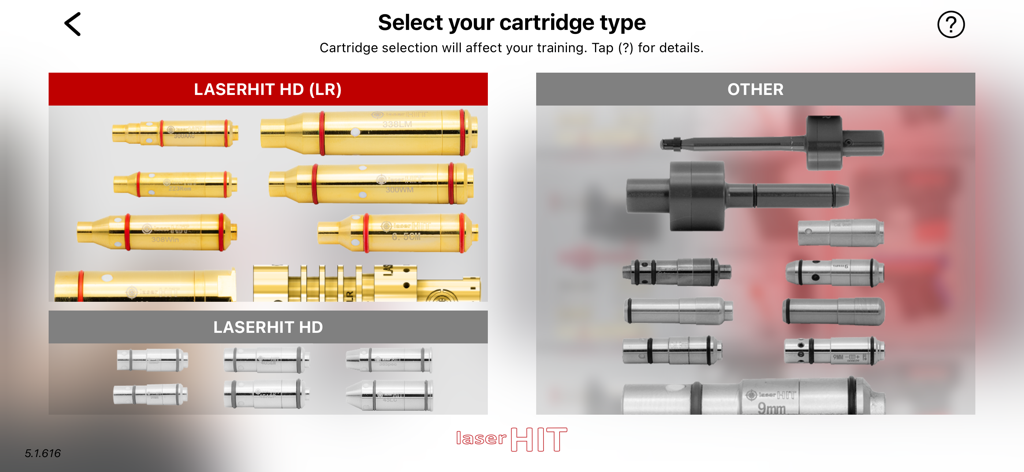 Interface for choosing laser training cartridges in the LaserHIT dry fire app