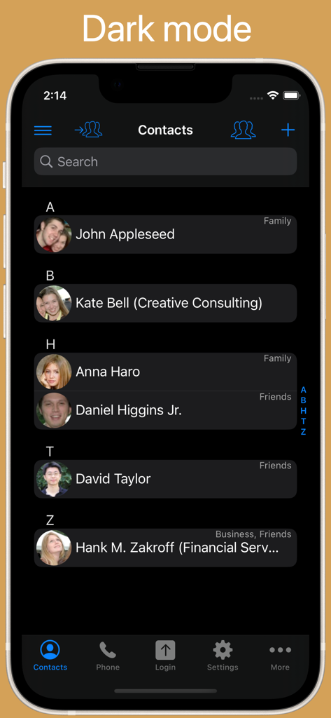 Liste de contacts de l'application ContactsPro HX affichée en mode sombre